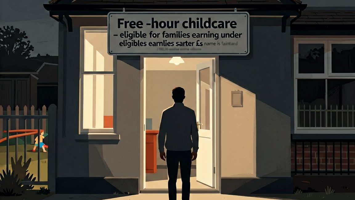 Sign outside a UK childcare centre advertising free 30‑hour childcare for families earning under £100,000