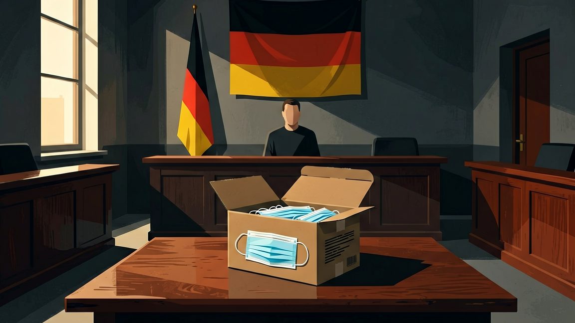 sealed cardboard evidence box containing medical face masks on the courtroom table in the Bundesgerichtshof (Federal Court of Justice) in Karlsruhe