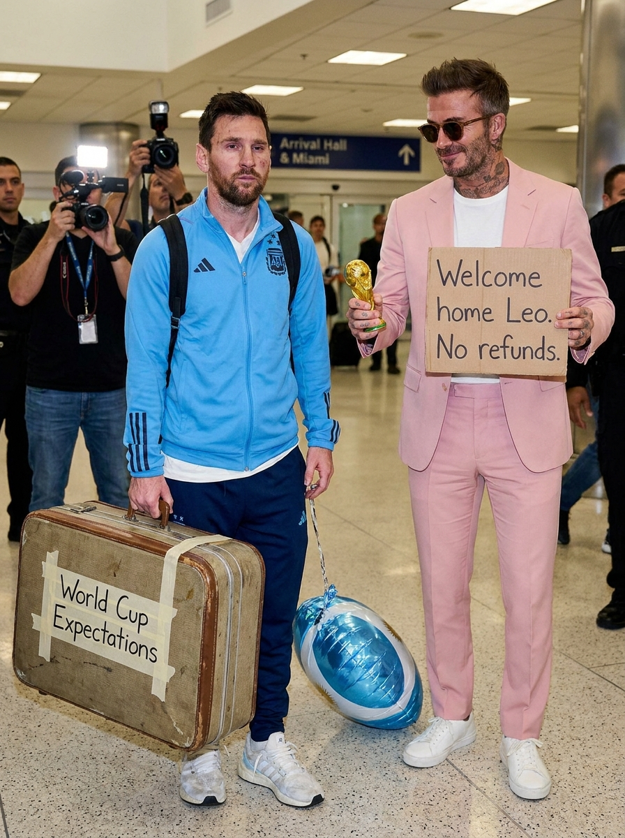 Satirical illustration: Lionel Messi arrives back in the United States empty-handed after the World Cup final defeat.